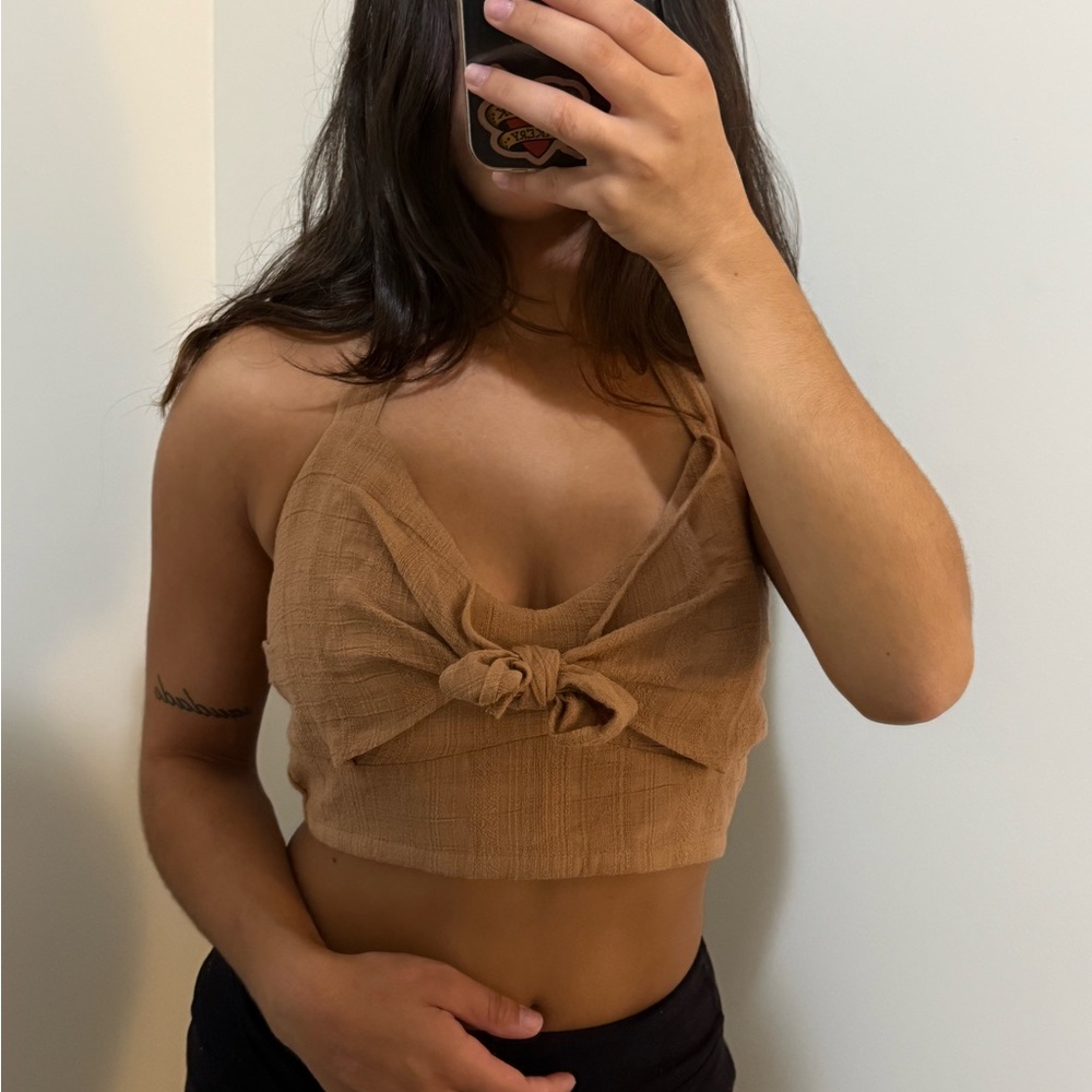 L*Space Tan Bow Detail Linen Crop Top
